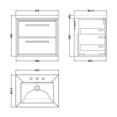 [BFIF3024M] Longnor 2 Drawer Wall Hung Vanity Unit with 3 Tap Hole Modern Fireclay Basin - Choice of Size and Colour - Technical Drawing