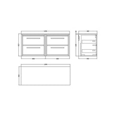[BFIF3024W2] Longnor 4 Drawer Wall Hung Vanity Unit with Worktop - Choice of Colour - Technical Drawing