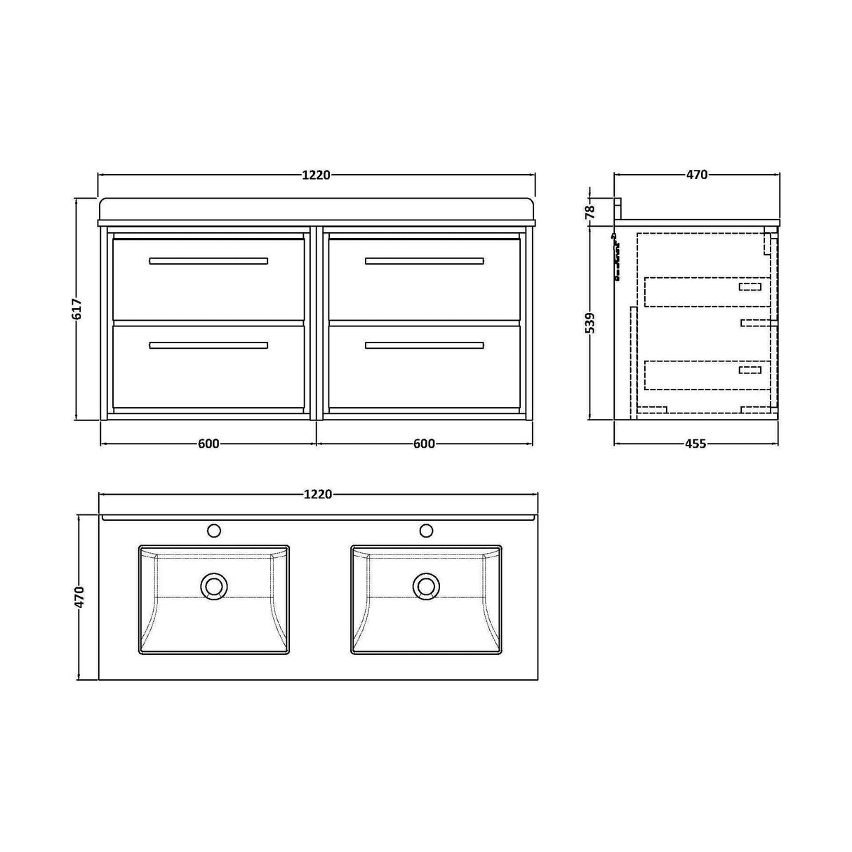 [BFIF3024WS2] Longnor 4 Drawer Wall Hung Vanity Unit with Square Basin and Marble Worktop, 1200mm, Choice of Colour - Technical Drawing