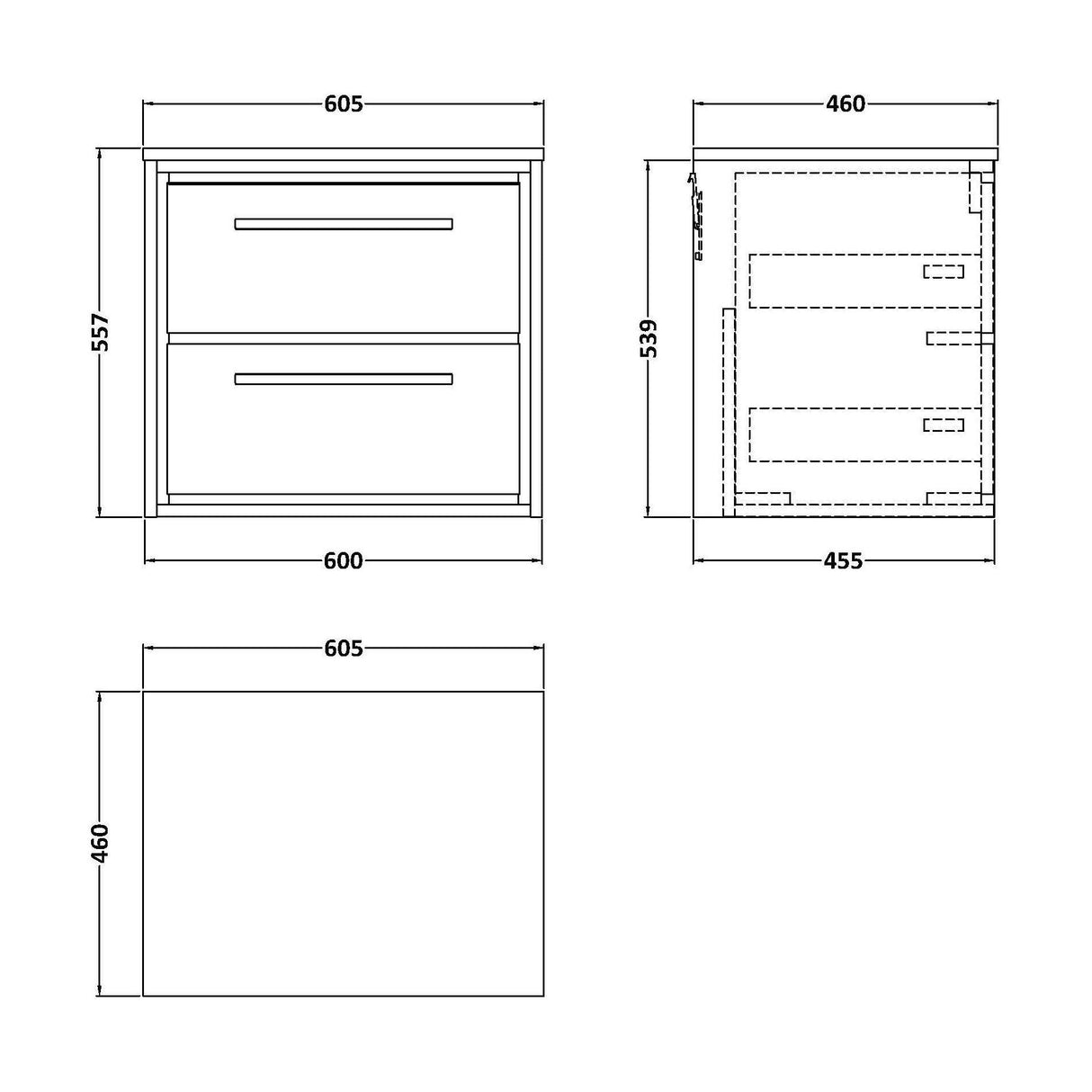 [BFIF3024W] Longnor 2 Drawer Wall Hung Vanity Unit with Worktop, Light Oak, 600mm - Technical Drawing