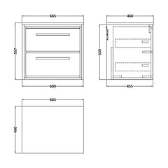 [BFIF3024W] Longnor 2 Drawer Wall Hung Vanity Unit with Worktop, Light Oak, 600mm - Technical Drawing
