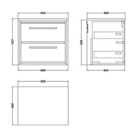 [BFIF3024W] Longnor 2 Drawer Wall Hung Vanity Unit with Worktop, Light Oak, 600mm - Technical Drawing