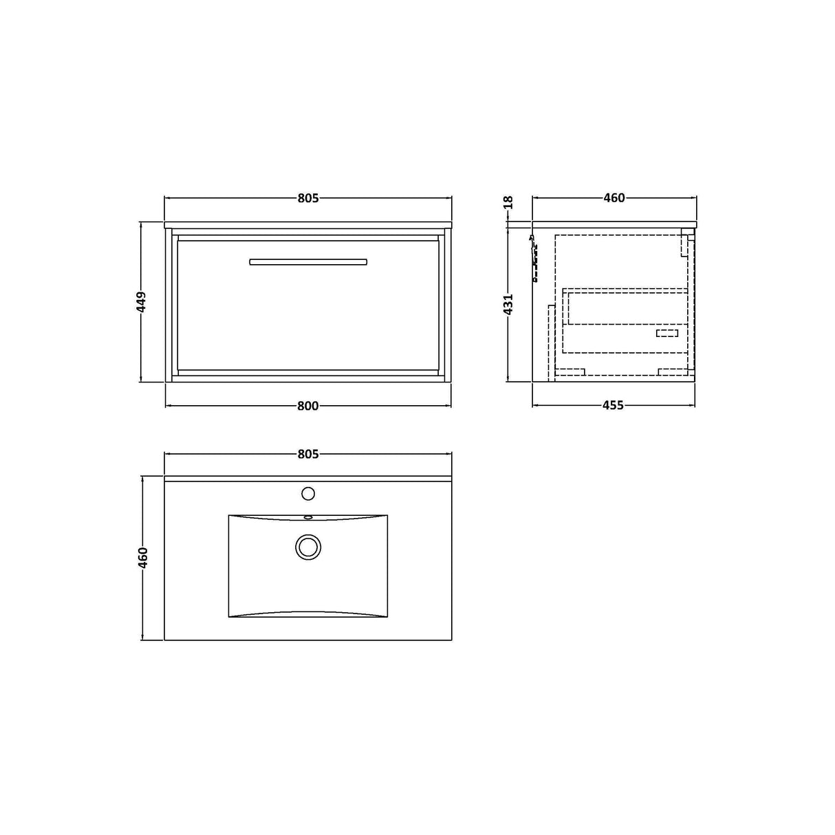 [BFIF3025C] Longnor 1 Drawer Wall Hung Vanity Unit with Minimalist Basin - Choice of Size and Colour - Technical Drawing