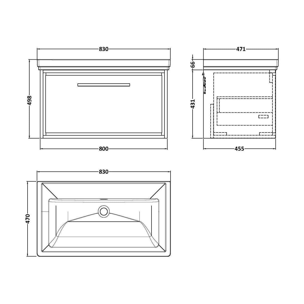 [BFIF3025H] Longnor 1 Drawer Wall Hung Vanity Unit with No Tap Hole Traditional Fireclay Basin - Choice of Size and Colour - Technical Drawing