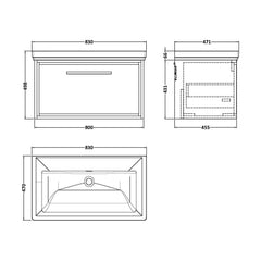 [BFIF3025H] Longnor 1 Drawer Wall Hung Vanity Unit with No Tap Hole Traditional Fireclay Basin - Choice of Size and Colour - Technical Drawing