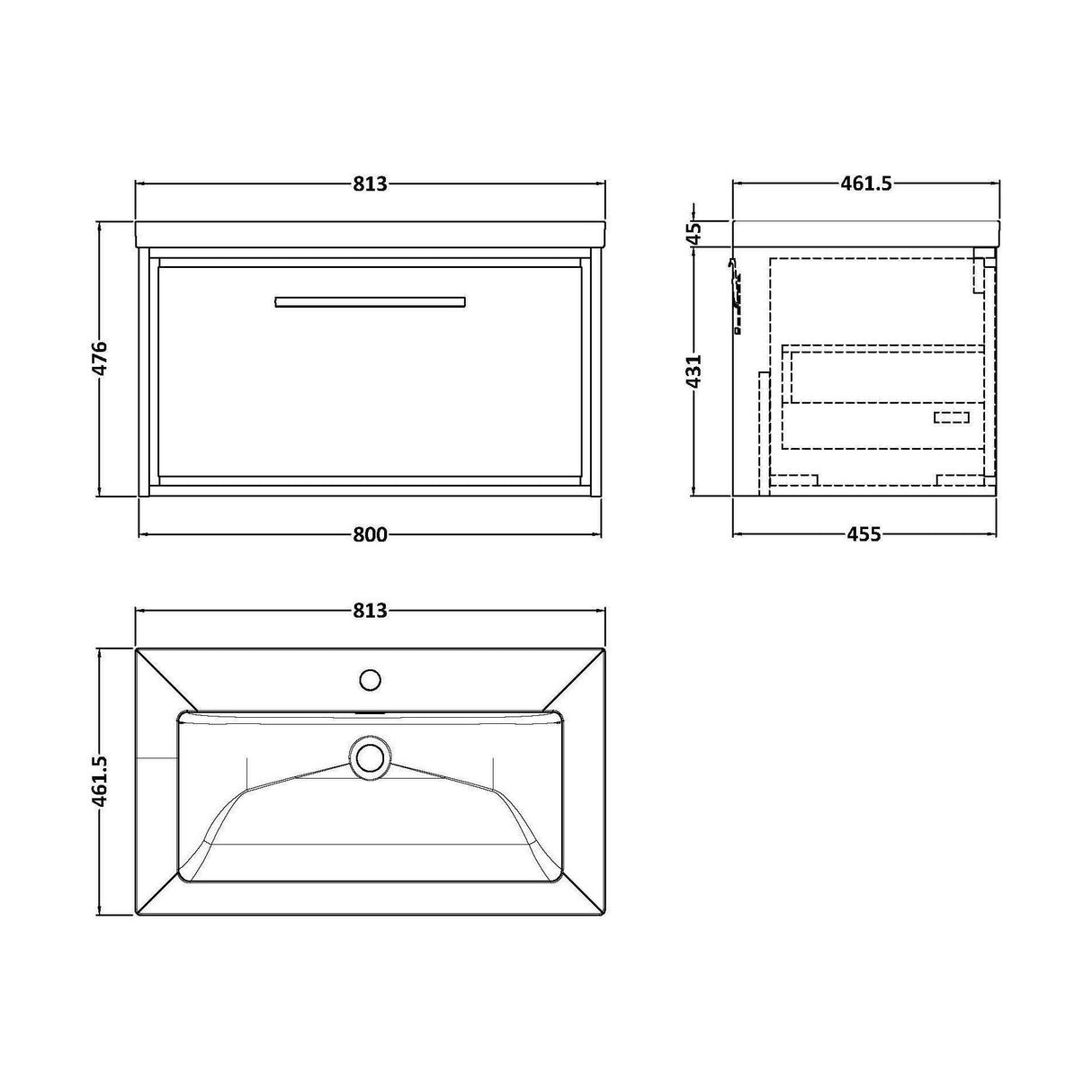 [BFIF3025L] Longnor 1 Drawer Wall Hung Vanity Unit with Modern Fireclay Basin - Choice of Size and Colour - Technical Drawing
