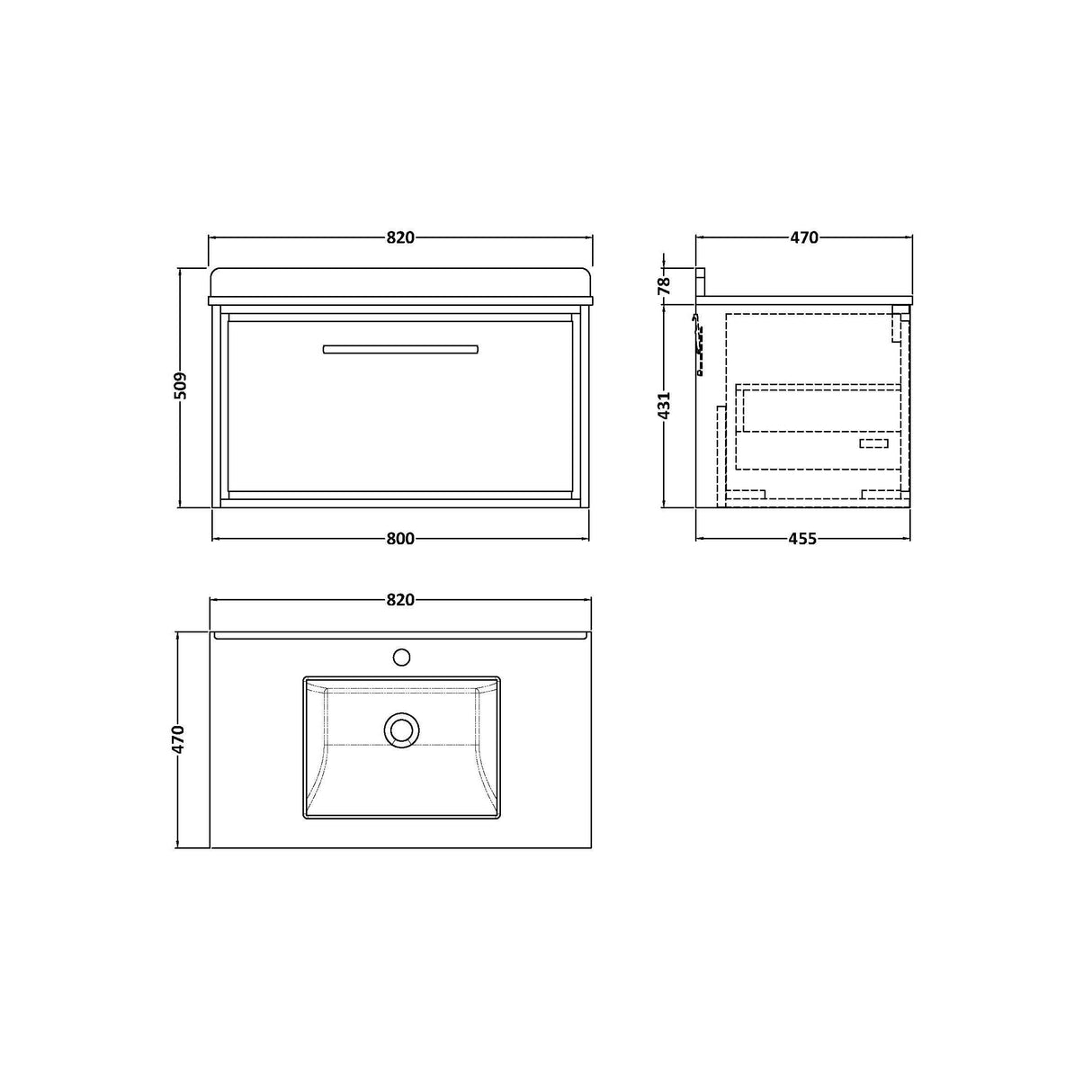 [BFIF3025WS1] Longnor 1 Drawer Wall Hung Vanity Unit with Square Basin and Marble Worktop - Choice of Size and Colour - Technical Drawing