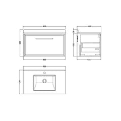 [BFIF3025WS1] Longnor 1 Drawer Wall Hung Vanity Unit with Square Basin and Marble Worktop - Choice of Size and Colour - Technical Drawing