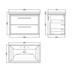 [BFIF3026B] Longnor 2 Drawer Wall Hung Vanity Unit with 3 Tap Hole Traditional Fireclay Basin - Choice of Size and Colour - Technical Drawing