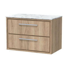 [BFIF3026CMT] Longnor 2 Drawer Wall Hung Vanity Unit with Carrera Marble Worktop, Light Oak, 800mm - Cutout