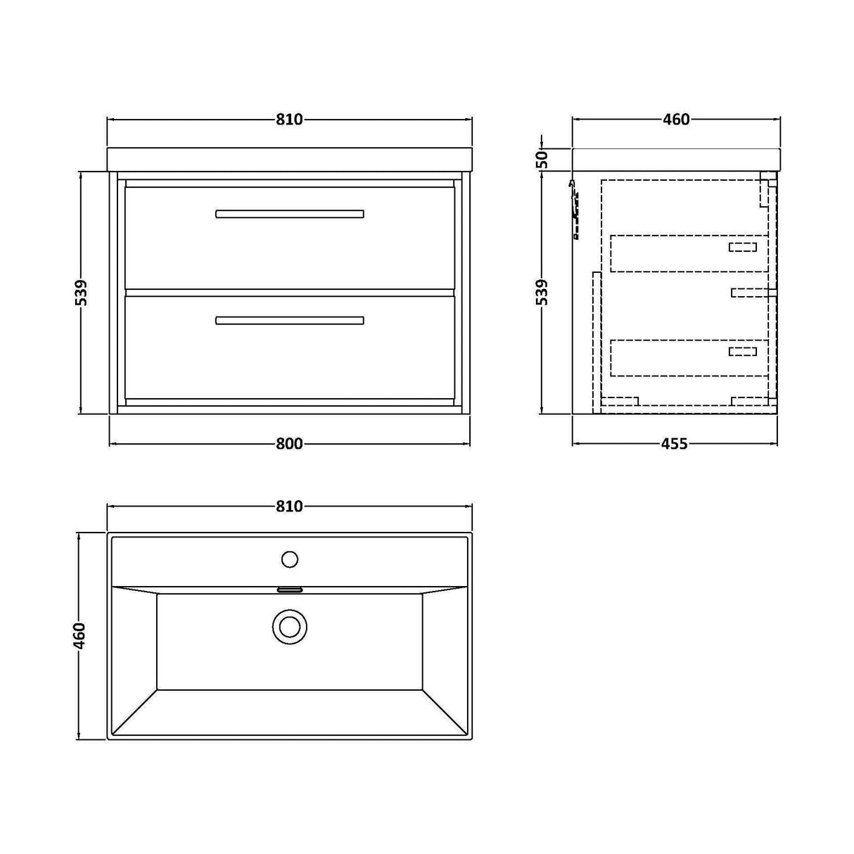 [BFIF3026E] Contemporary Longnor 2 Drawer Wall Hung Vanity Unit with 1 Tap Hole Thin Edge Basin, Choice of Size and Colour - Technical Drawing