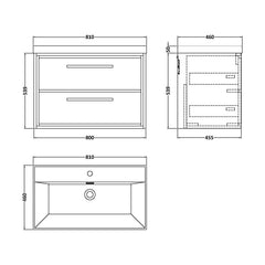 [BFIF3026E] Contemporary Longnor 2 Drawer Wall Hung Vanity Unit with 1 Tap Hole Thin Edge Basin, Choice of Size and Colour - Technical Drawing