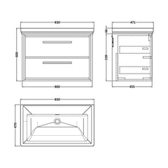 [BFIF3026H] Longnor 2 Drawer Wall Hung Vanity Unit with No Tap Hole Traditional Fireclay Basin - Choice of Size and Colour - Technical Drawing