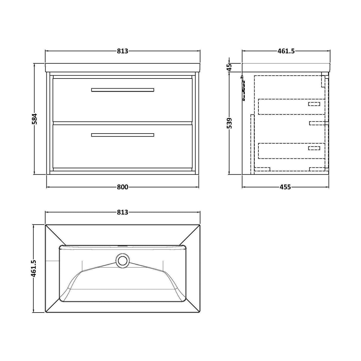 [BFIF3026K] Longnor 2 Drawer Wall Hung Vanity Unit with 1 Tap Hole Modern Fireclay Basin, Light Oak, 800mm - Technical Drawing