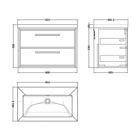[BFIF3026K] Longnor 2 Drawer Wall Hung Vanity Unit with 1 Tap Hole Modern Fireclay Basin, Light Oak, 800mm - Technical Drawing