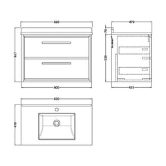 [BFIF3026WS1] Longnor 2 Drawer Wall Hung Vanity Unit with Square Basin and Marble Worktop - Choice of Size and Colour - Technical Drawing