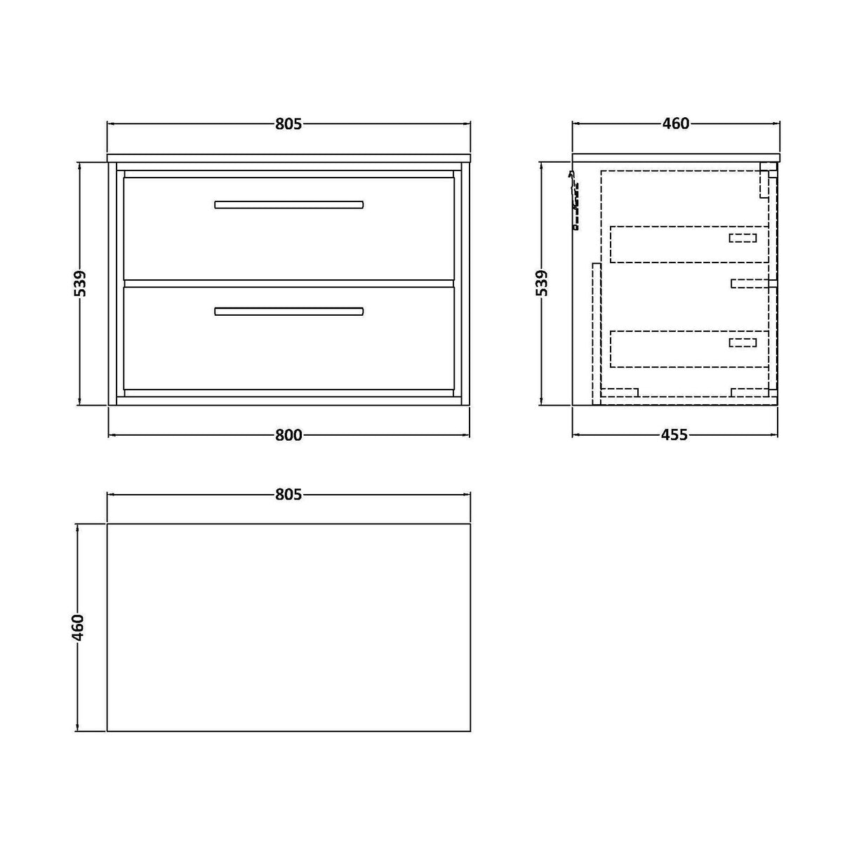 [BFIF3026W] Longnor 2 Drawer Wall Hung Vanity Unit with Worktop - Choice of Size and Colour - Technical Drawing