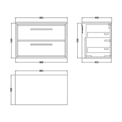 [BFIF3026W] Longnor 2 Drawer Wall Hung Vanity Unit with Worktop - Choice of Size and Colour - Technical Drawing