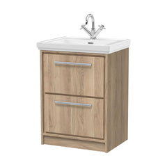 [BFIF3033A] Longnor 2 Drawer Floor Standing Vanity Unit with 1 Tap Hole Traditional Fireclay Basin, Light Oak, 600mm - Cutout