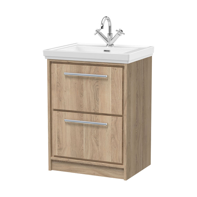 [BFIF3033A] Longnor 2 Drawer Floor Standing Vanity Unit with 1 Tap Hole Traditional Fireclay Basin, Light Oak, 600mm - Cutout