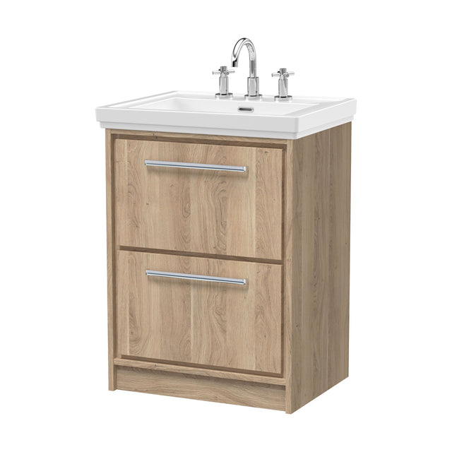 [BFIF3033B] Longnor 2 Drawer Floor Standing Vanity Unit with 3 Tap Hole Traditional Fireclay Basin, Light Oak, 600mm - Cutout