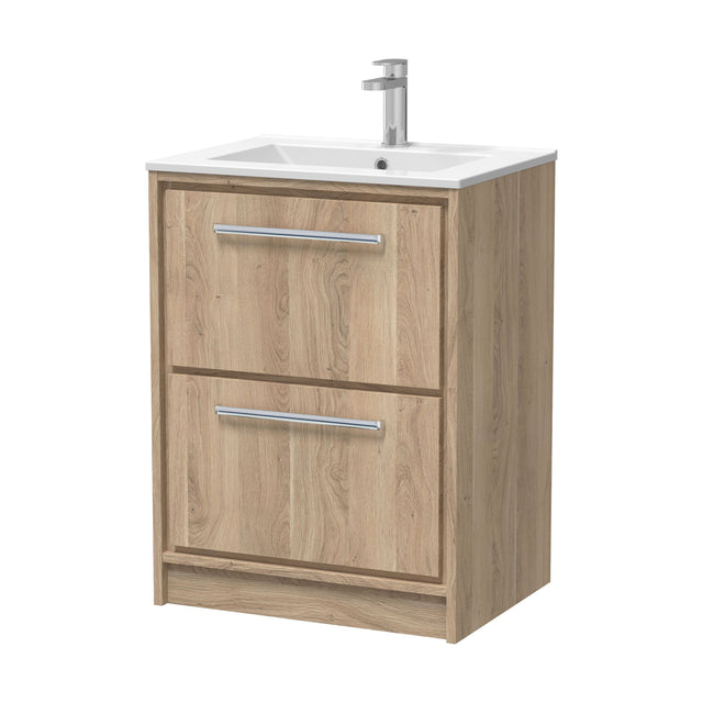 [BFIF3033C] Longnor 2 Drawer Floor Standing Vanity Unit with 1 Tap Hole Minimalist Basin, Light Oak, 600mm - Cutout