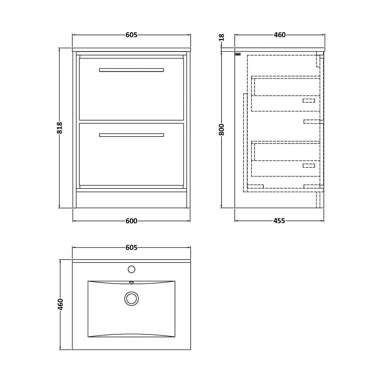 [BFIF3033C] Longnor 2 Drawer Floor Standing Vanity Unit with 1 Tap Hole Minimalist Basin, Light Oak, 600mm - Technical Drawing