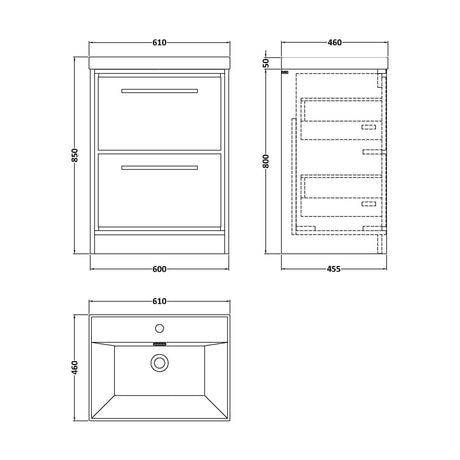 [BFIF3033E] Longnor 2 Drawer Floor Standing Vanity Unit with 1 Tap Hole Thin Edge Basin, Light Oak, 600mm - Technical Drawing