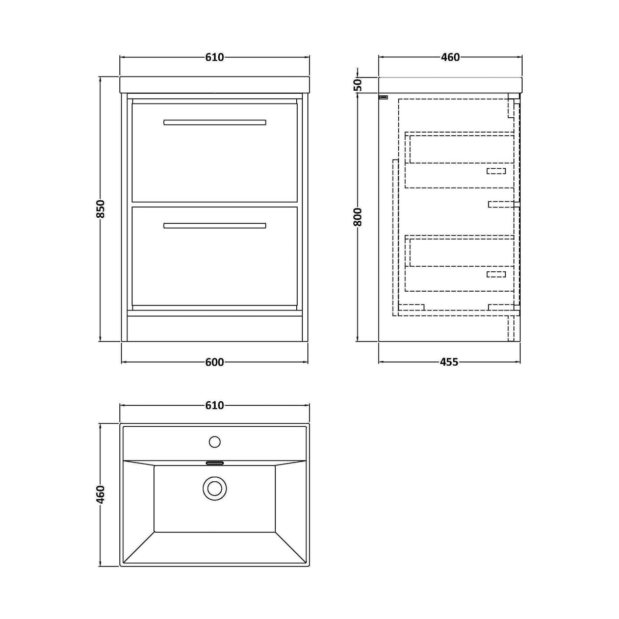 [BFIF3033E] Longnor 2 Drawer Floor Standing Vanity Unit with Thin Edge Basin - Choice of Size and Colour - Technical Drawing