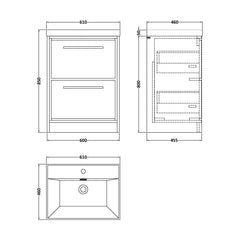 [BFIF3033E] Longnor 2 Drawer Floor Standing Vanity Unit with Thin Edge Basin - Choice of Size and Colour - Technical Drawing