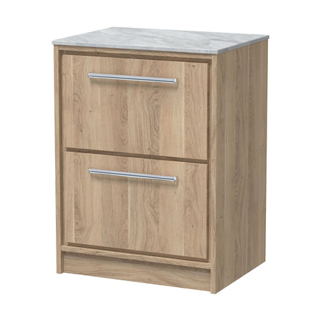 [BFIF3033GMT] Longnor 2 Drawer Floor Standing Vanity Unit with Grey Marble Worktop, Light Oak, 600mm - Cutout