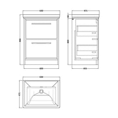 [BFIF3033H] Longnor 2 Drawer Floor Standing Vanity Unit with No Tap Hole Traditional Fireclay Basin - Choice of Size and Colour - Technical Drawing