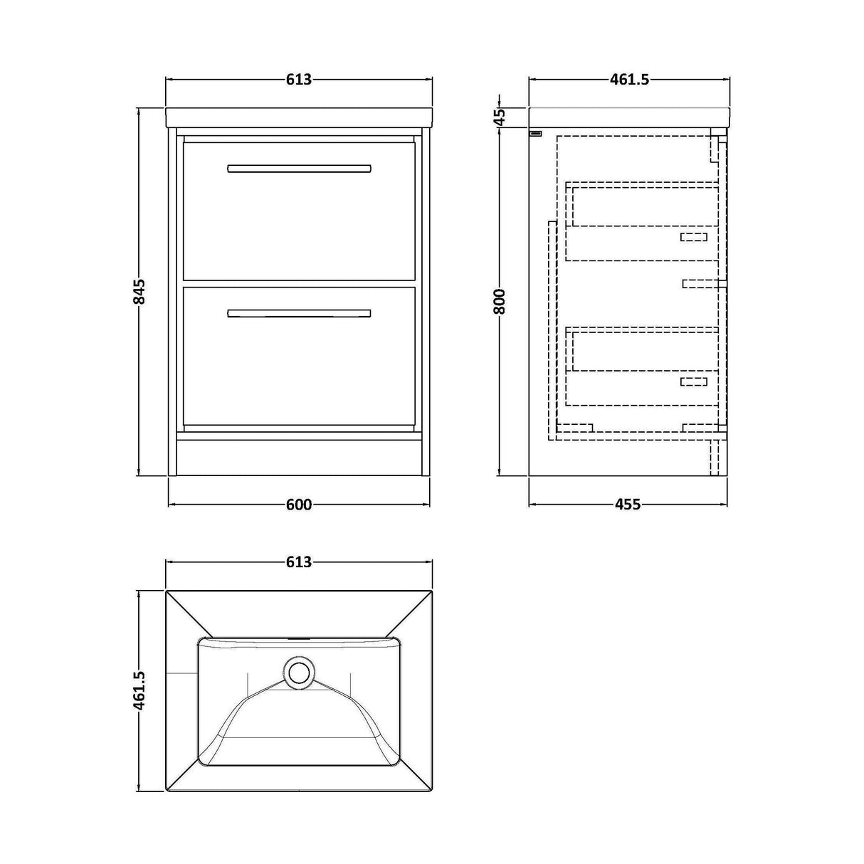 [BFIF3033K] Longnor 2 Drawer Floor Standing Vanity Unit with No Tap Hole Modern Fireclay Basin - Choice of Size and Colour - Technical Drawing