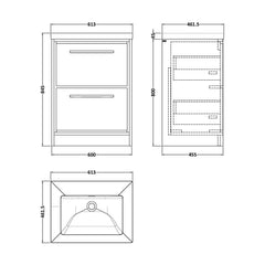 [BFIF3033K] Longnor 2 Drawer Floor Standing Vanity Unit with No Tap Hole Modern Fireclay Basin - Choice of Size and Colour - Technical Drawing