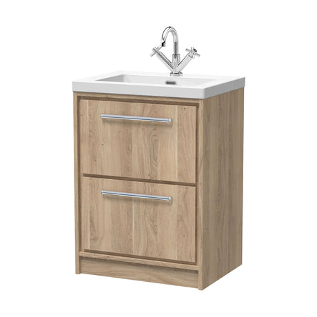 [BFIF3033L] Longnor 2 Drawer Floor Standing Vanity Unit with 1 Tap Hole Modern Fireclay Basin, Light Oak, 600mm - Cutout