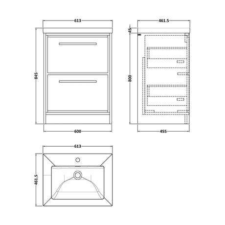 [BFIF3033L] Longnor 2 Drawer Floor Standing Vanity Unit with 1 Tap Hole Modern Fireclay Basin, Light Oak, 600mm - Technical Drawing