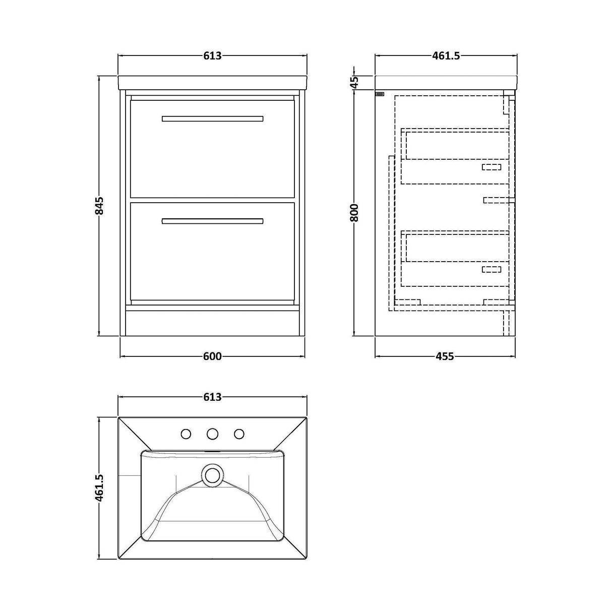 [BFIF3033M] Longnor 2 Drawer Floor Standing Vanity Unit with 3 Tap Hole Modern Fireclay Basin - Choice of Size and Colour - Technical Drawing