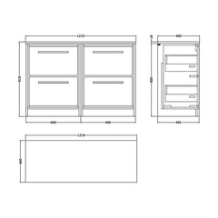 [BFIF3033W2] Longnor 4 Drawer Floor Standing Vanity Unit with Worktop, Light Oak, 600mm - Technical Drawing