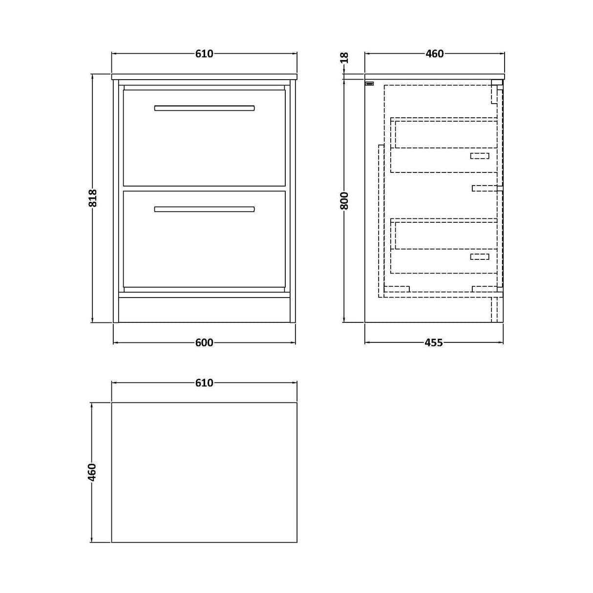 [BFIF3033WMT] Longnor 2 Drawer Floor Standing Vanity Unit with White Marble Worktop - Choice of Size and Colour - Technical Drawing