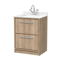 [BFIF3033WS1] Longnor 2 Drawer Floor Standing Vanity Unit with Square Basin and Marble Worktop, Light Oak, 600mm - Cutout