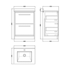 [BFIF3033WS1] Longnor 2 Drawer Floor Standing Vanity Unit with Square Basin and Marble Worktop, Light Oak, 600mm - Technical Drawing