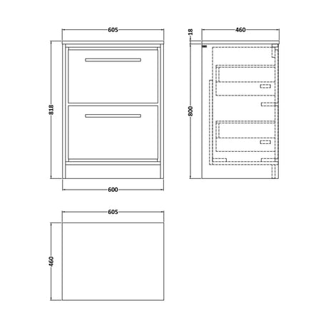 [BFIF3033W] Longnor 2 Drawer Floor Standing Vanity Unit with Worktop, Light Oak, 600mm - Technical Drawing