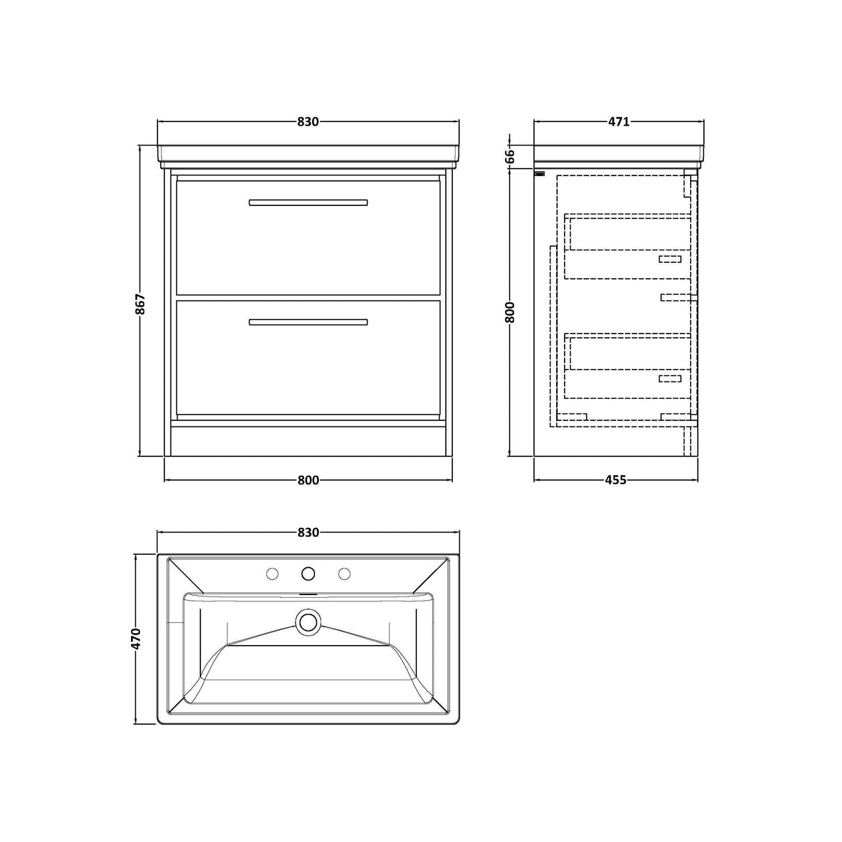 [BFIF3035B] Longnor 2 Drawer Floor Standing Vanity Unit with 3 Tap Hole Traditional Fireclay Basin - Choice of Size and Colour - Technical Drawing
