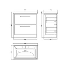 [BFIF3035B] Longnor 2 Drawer Floor Standing Vanity Unit with 3 Tap Hole Traditional Fireclay Basin - Choice of Size and Colour - Technical Drawing