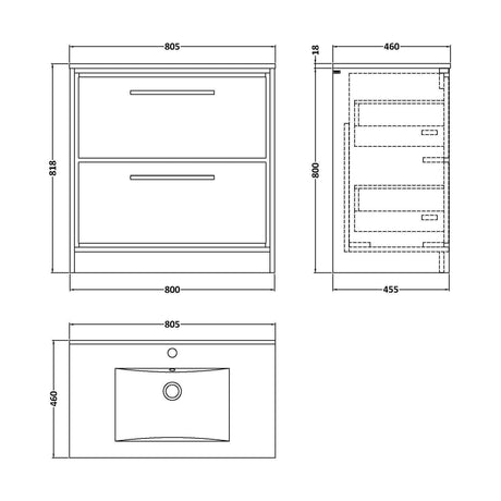 [BFIF3035C] Longnor 2 Drawer Floor Standing Vanity Unit with 1 Tap Hole Minimalist Basin, Light Oak, 800mm - Technical Drawing