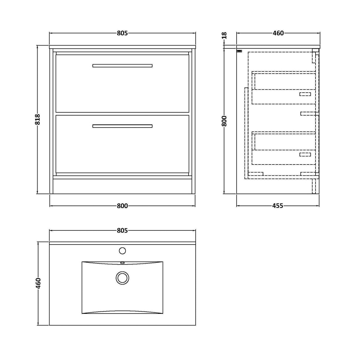 [BFIF3035C] Longnor 2 Drawer Floor Standing Vanity Unit with Minimalist Basin - Choice of Size and Colour - Technical Drawing