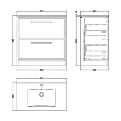 [BFIF3035C] Longnor 2 Drawer Floor Standing Vanity Unit with Minimalist Basin - Choice of Size and Colour - Technical Drawing