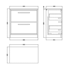 [BFIF3035GMT] Longnor 2 Drawer Floor Standing Vanity Unit with Grey Marble Worktop, Light Oak, 800mm - Technical Drawing