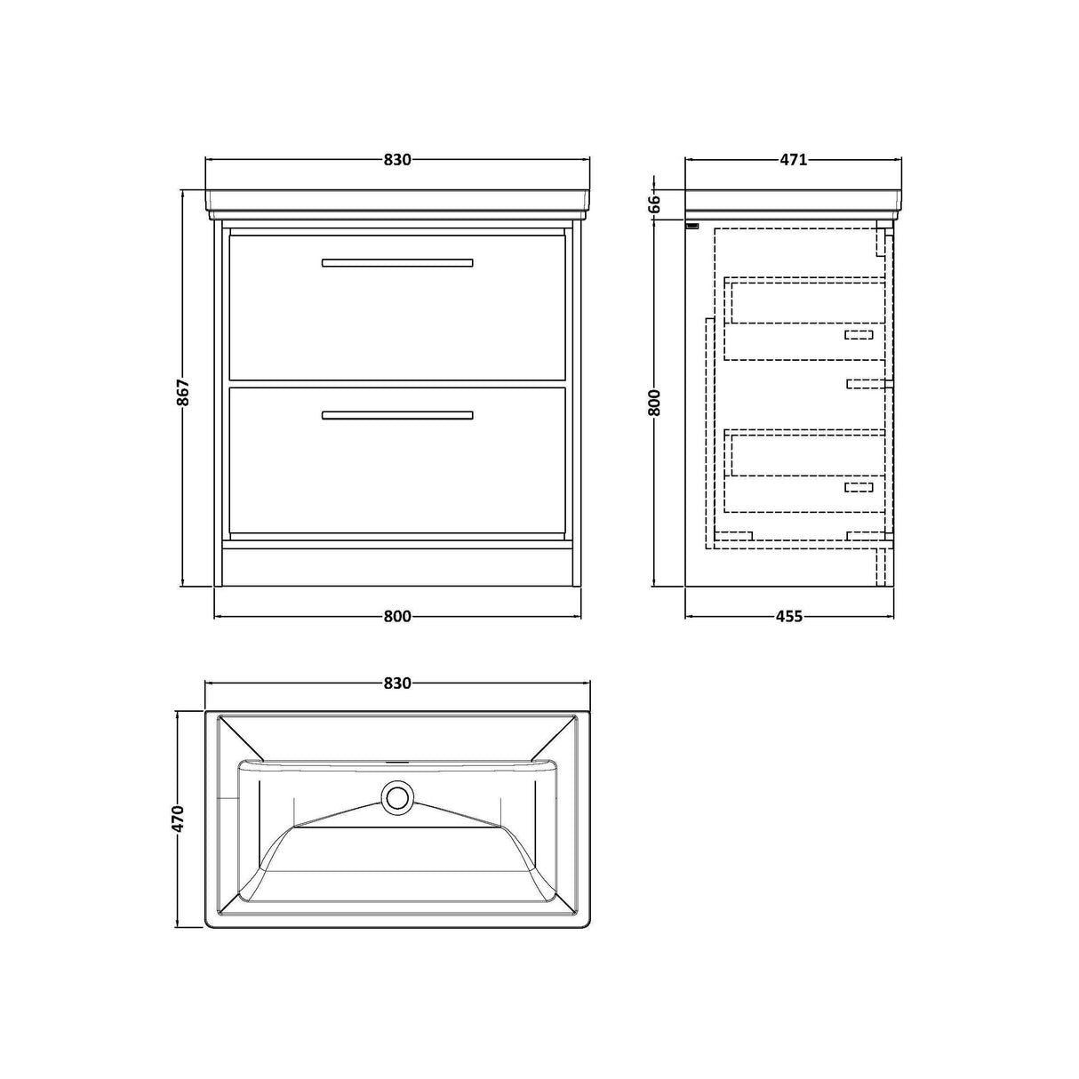 [BFIF3035H] Longnor 2 Drawer Floor Standing Vanity Unit with No Tap Hole Traditional Fireclay Basin - Choice of Size and Colour - Technical Drawing