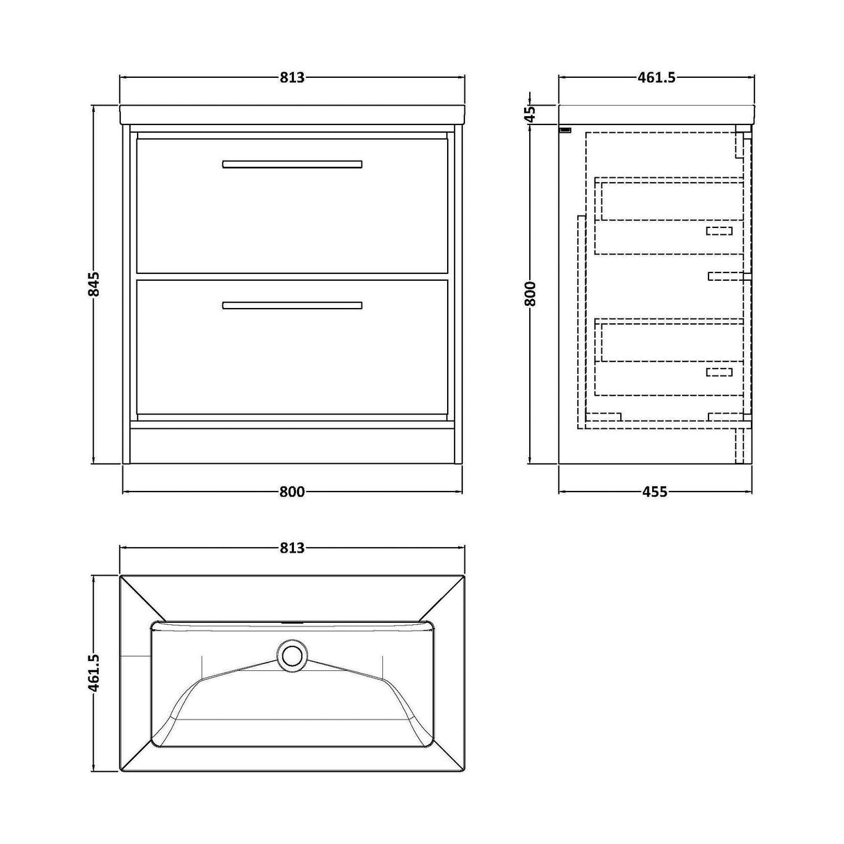 [BFIF3035K] Longnor 2 Drawer Floor Standing Vanity Unit with No Tap Hole Modern Fireclay Basin - Choice of Size and Colour - Technical Drawing